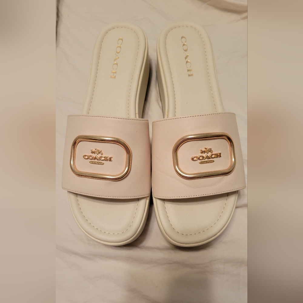 COACH Cream Slide Sandals with Gold Emblem Size 9